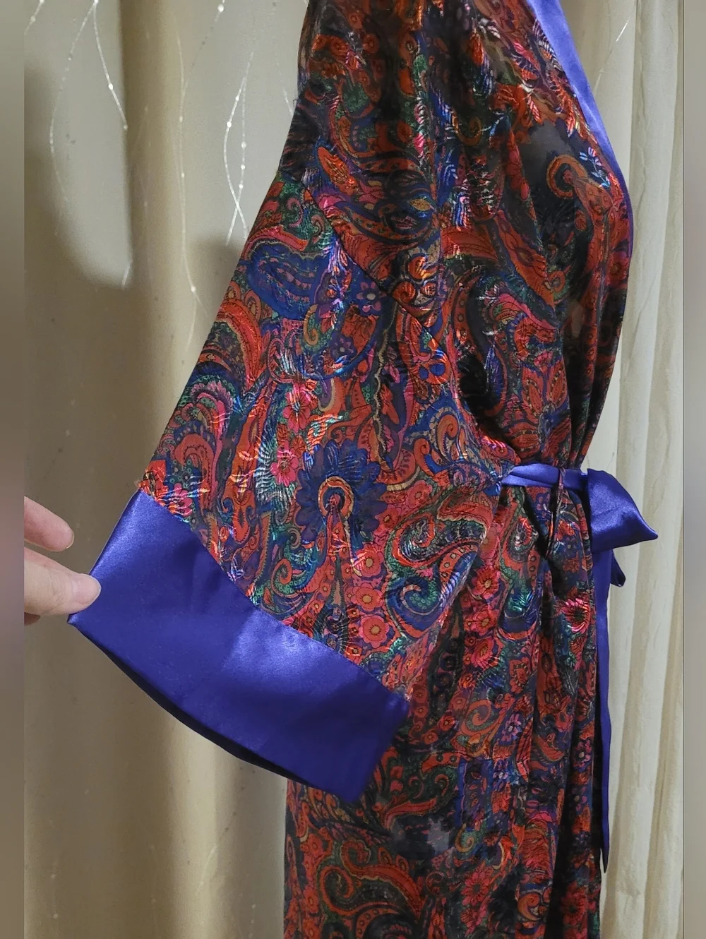 Vtg Victoria's Secret Gold Label Jewel Tone Purple Paisley Satin Maxi Robe OS - Picture 5 of 15